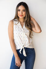 mode, sleeveless tie front top