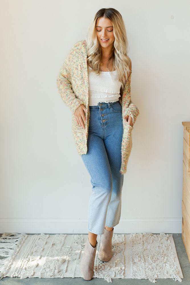 mode, fuzzy confetti cake cardi