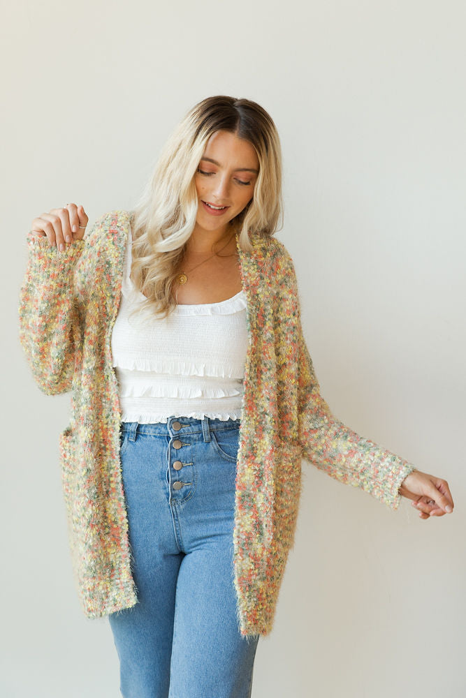 mode, fuzzy confetti cake cardi