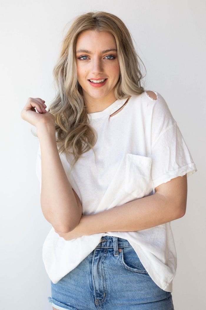 mode, distressed lucky tee