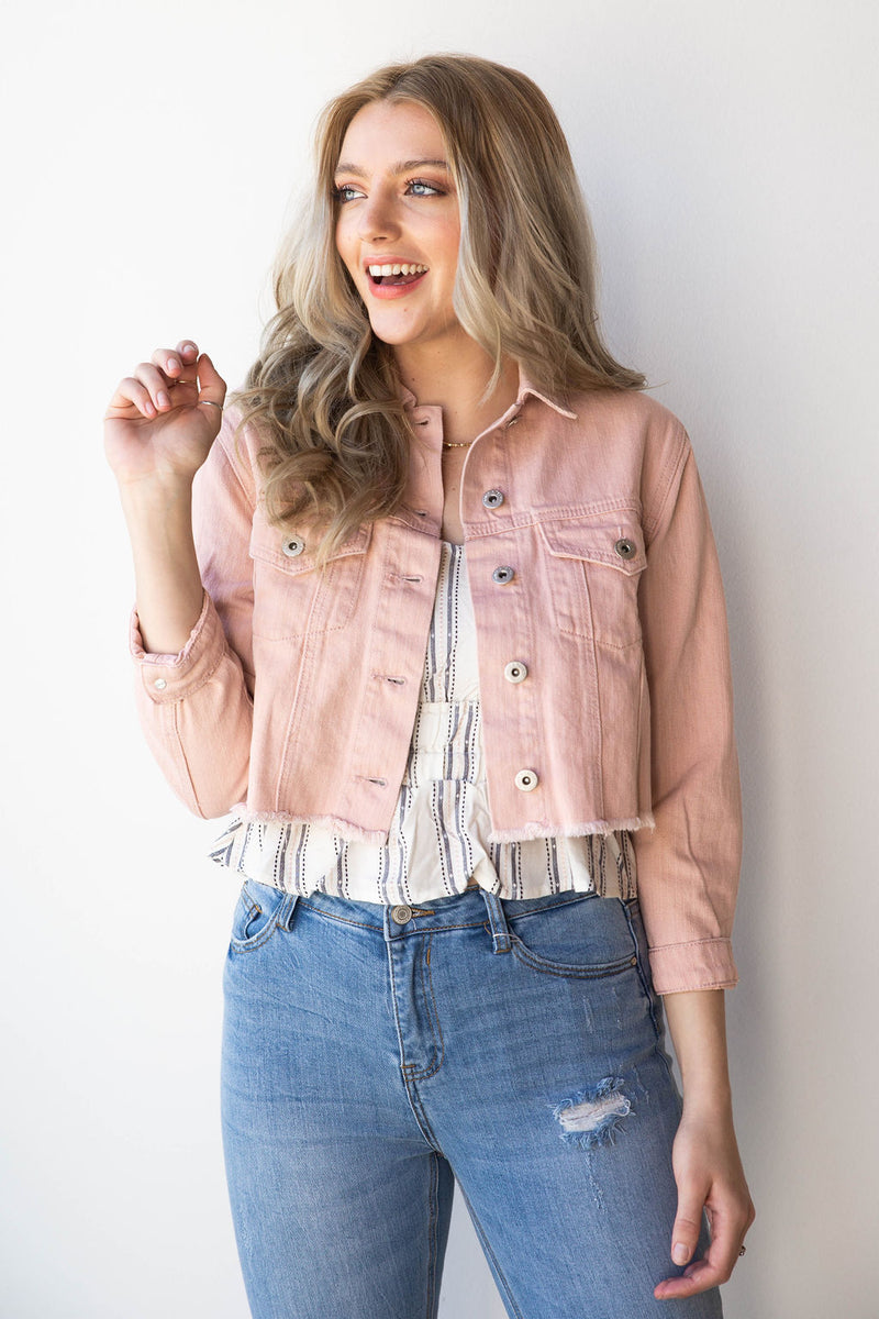 mode, majority wins raw hem denim jacket