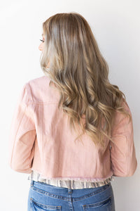 mode, majority wins raw hem denim jacket