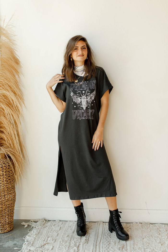 mode, dream on dreamer high slit dress