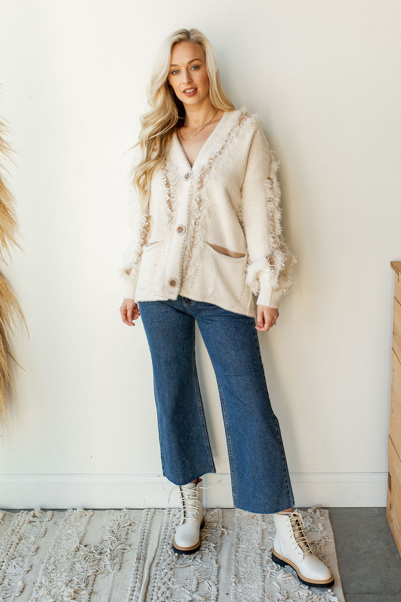 mode, distressed fuzzy cardigan