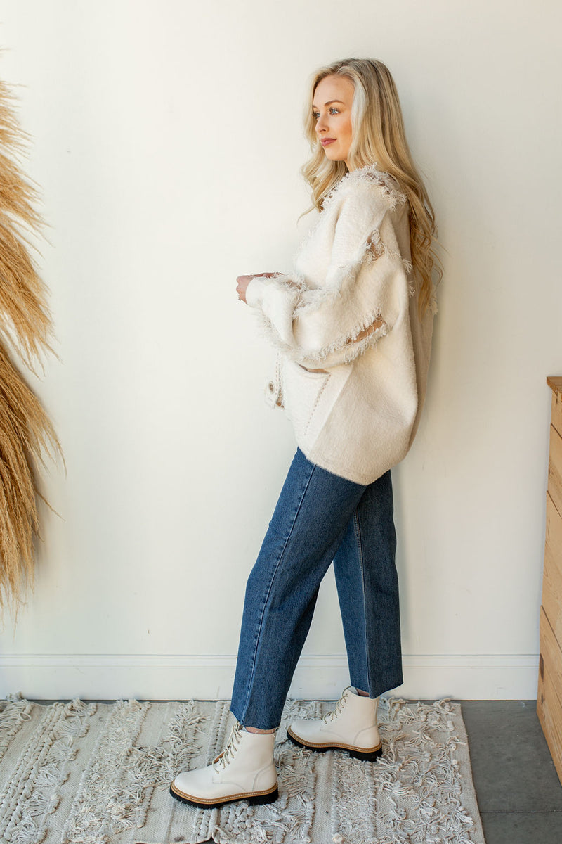 mode, distressed fuzzy cardigan