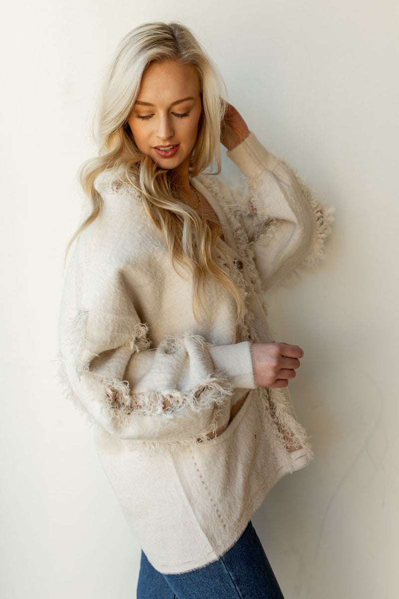 mode, distressed fuzzy cardigan