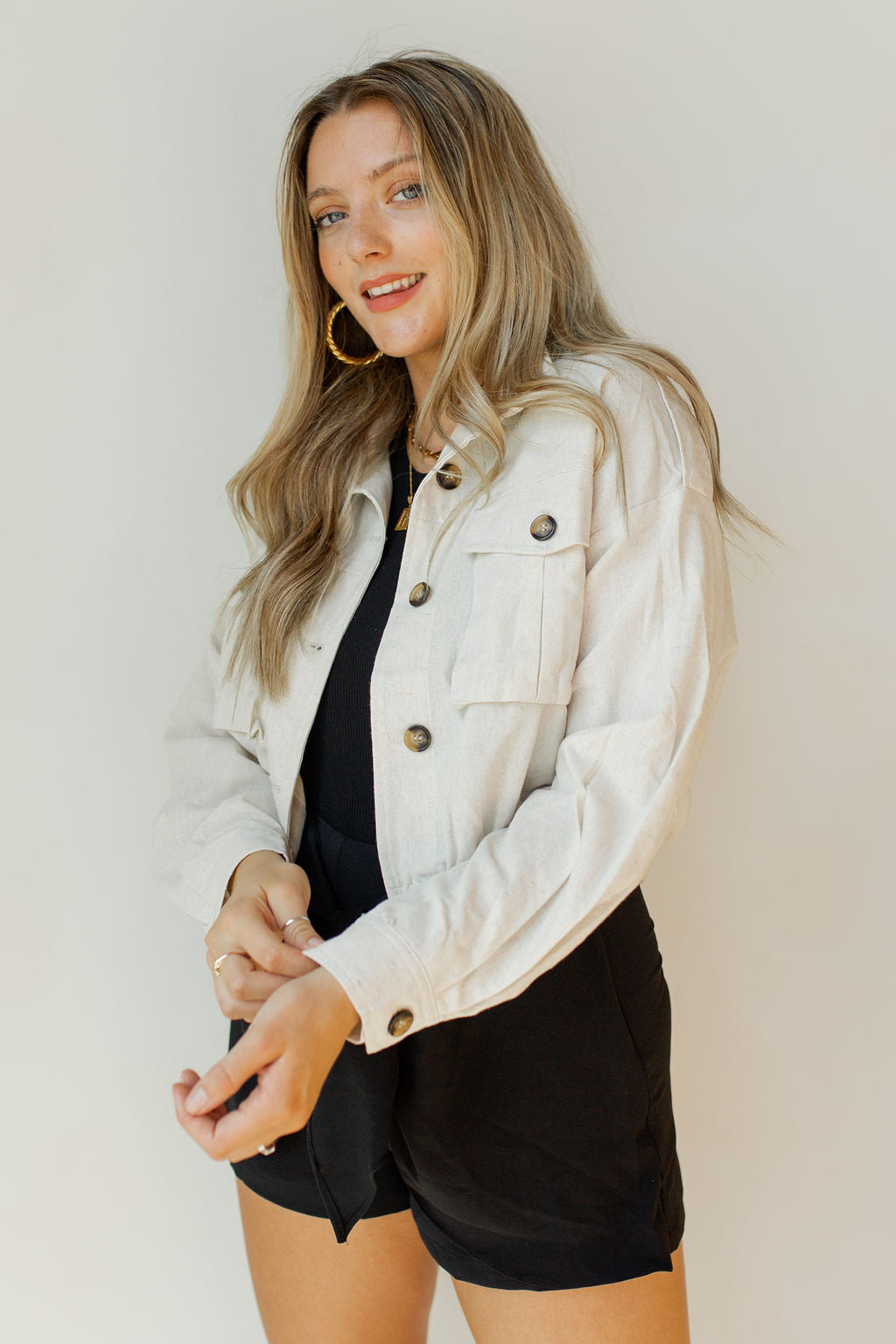 mode, drop shoulder big pocket linen jacket