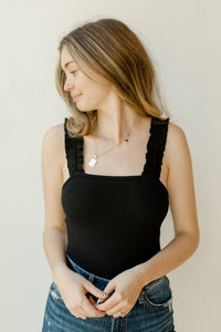 mode, ruffled straps bodysuit