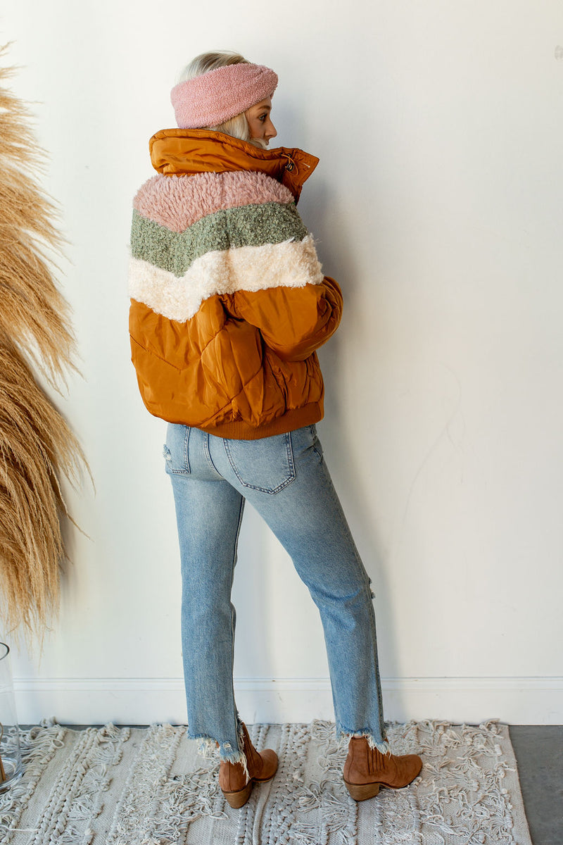 mode, puffer sherpa jacket