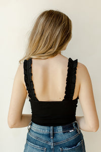 mode, ruffled straps bodysuit
