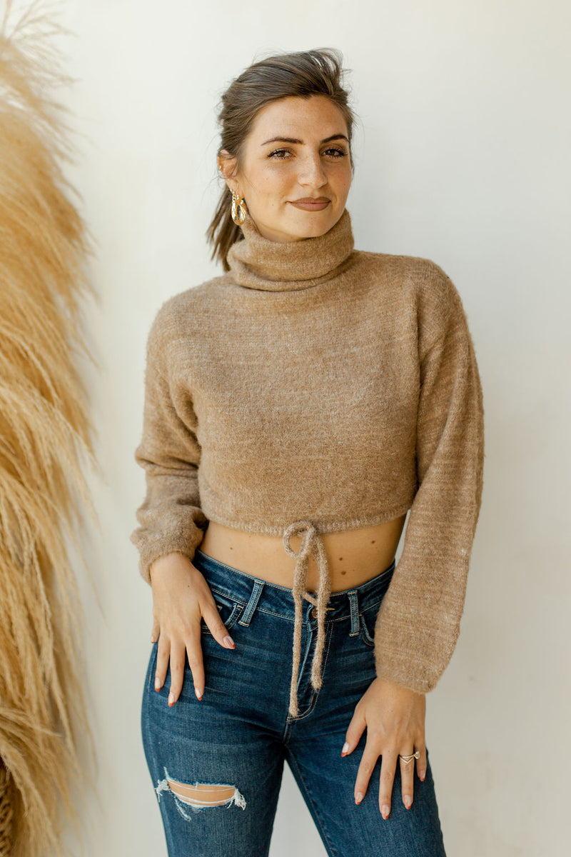 mode, count me in tie waist turtleneck