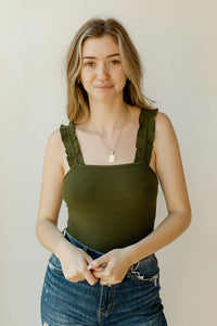 mode, ruffled straps bodysuit