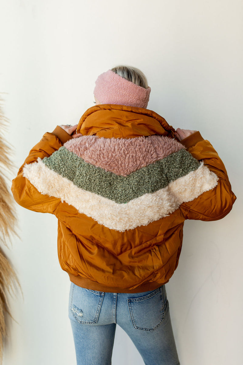 mode, puffer sherpa jacket