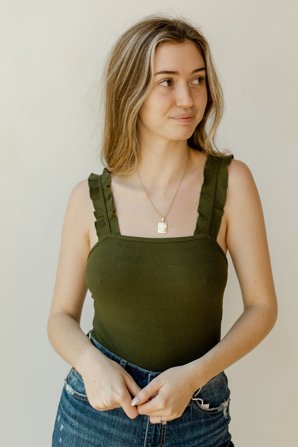 mode, ruffled straps bodysuit
