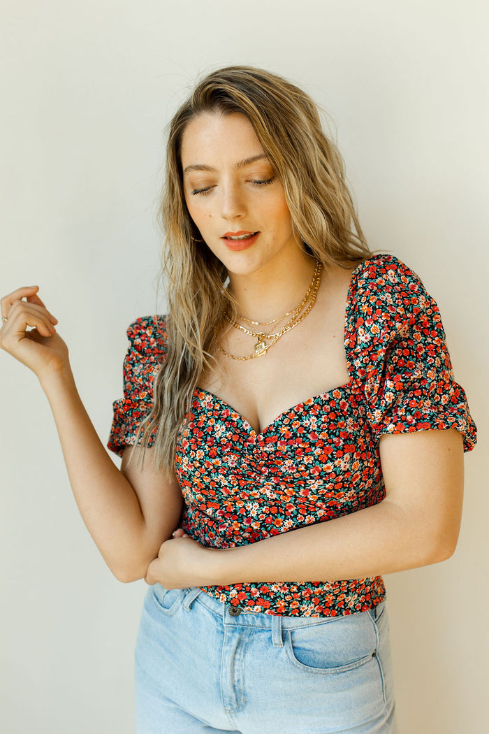 mode, poppy flower puff sleeve top