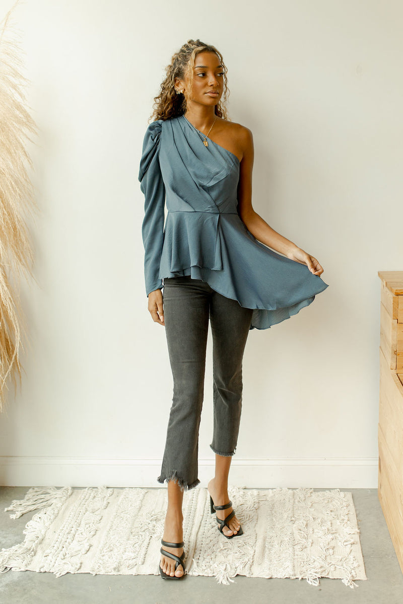 mode, one shoulder peplum flow top