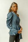 mode, one shoulder peplum flow top