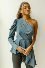 mode, one shoulder peplum flow top