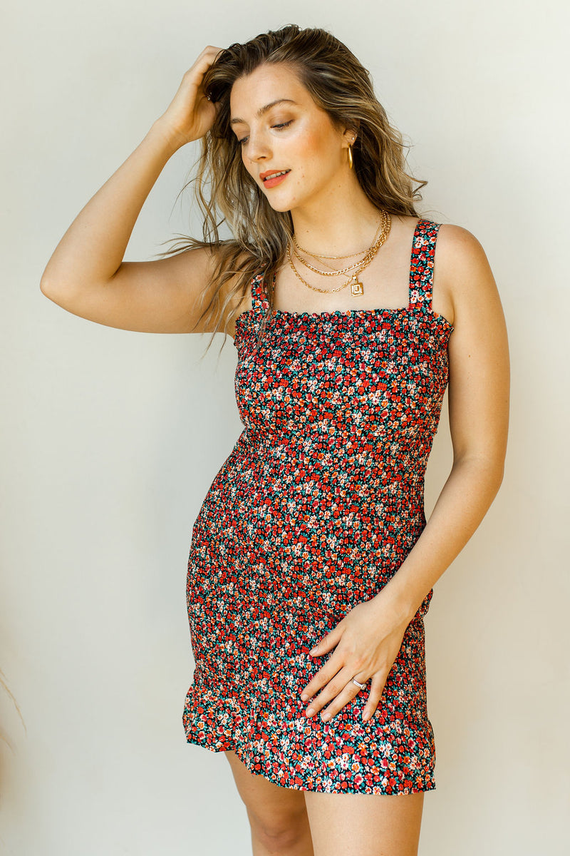 mode, poppy flower smocked mini dress