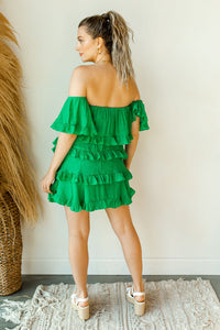 mode, open shoulder ruffle dress