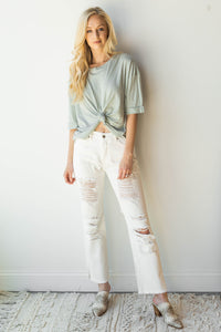 mode, hi low knot front cuff sleeve tee