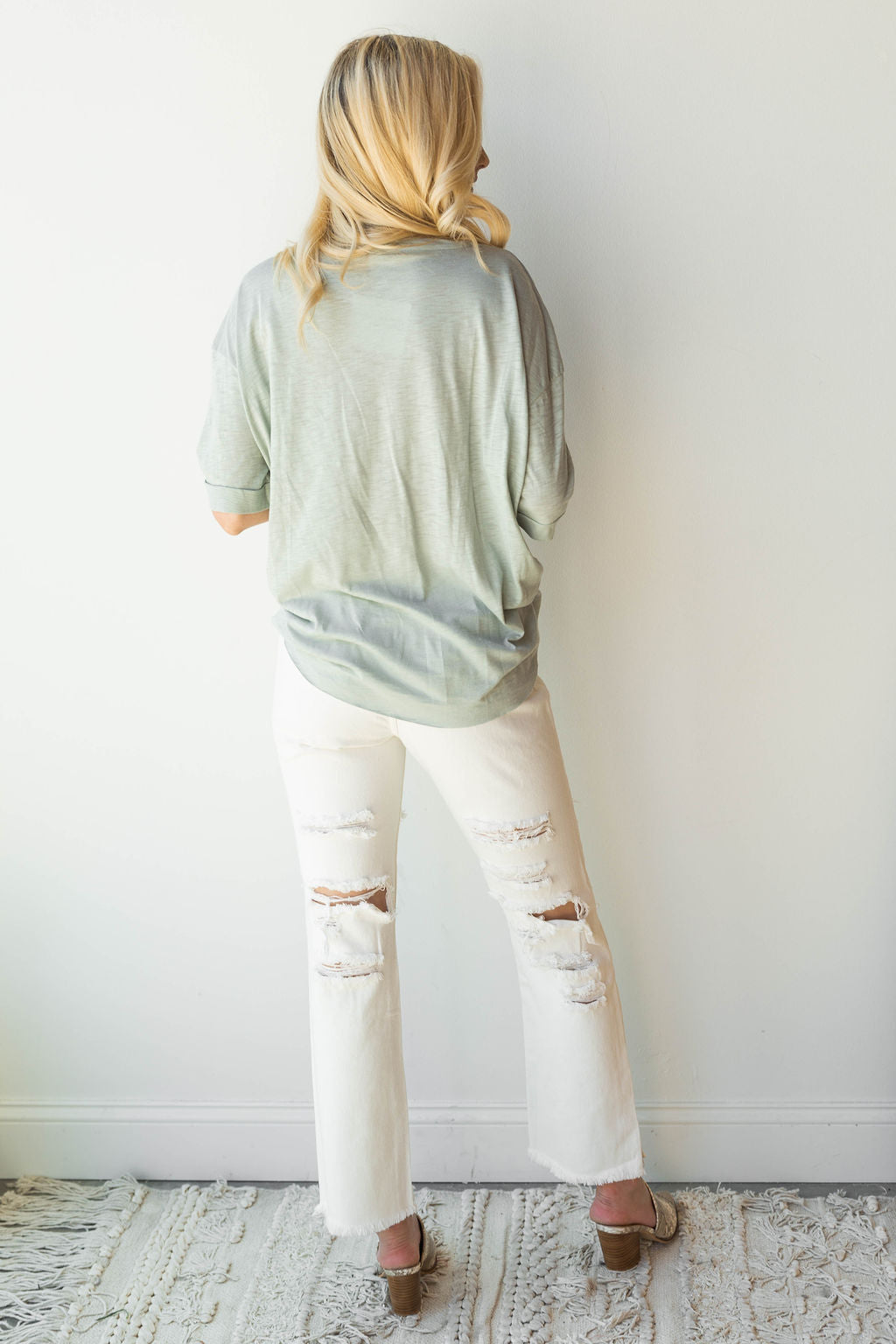 mode, hi low knot front cuff sleeve tee
