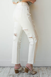 mode, distress woven jeans