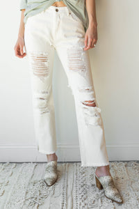 mode, distress woven jeans