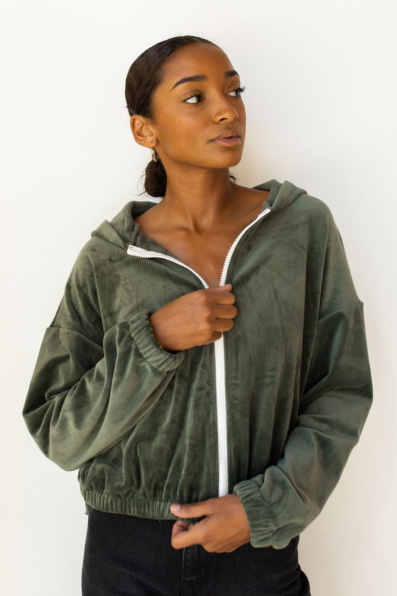 mode, velour puff zip up hoodie