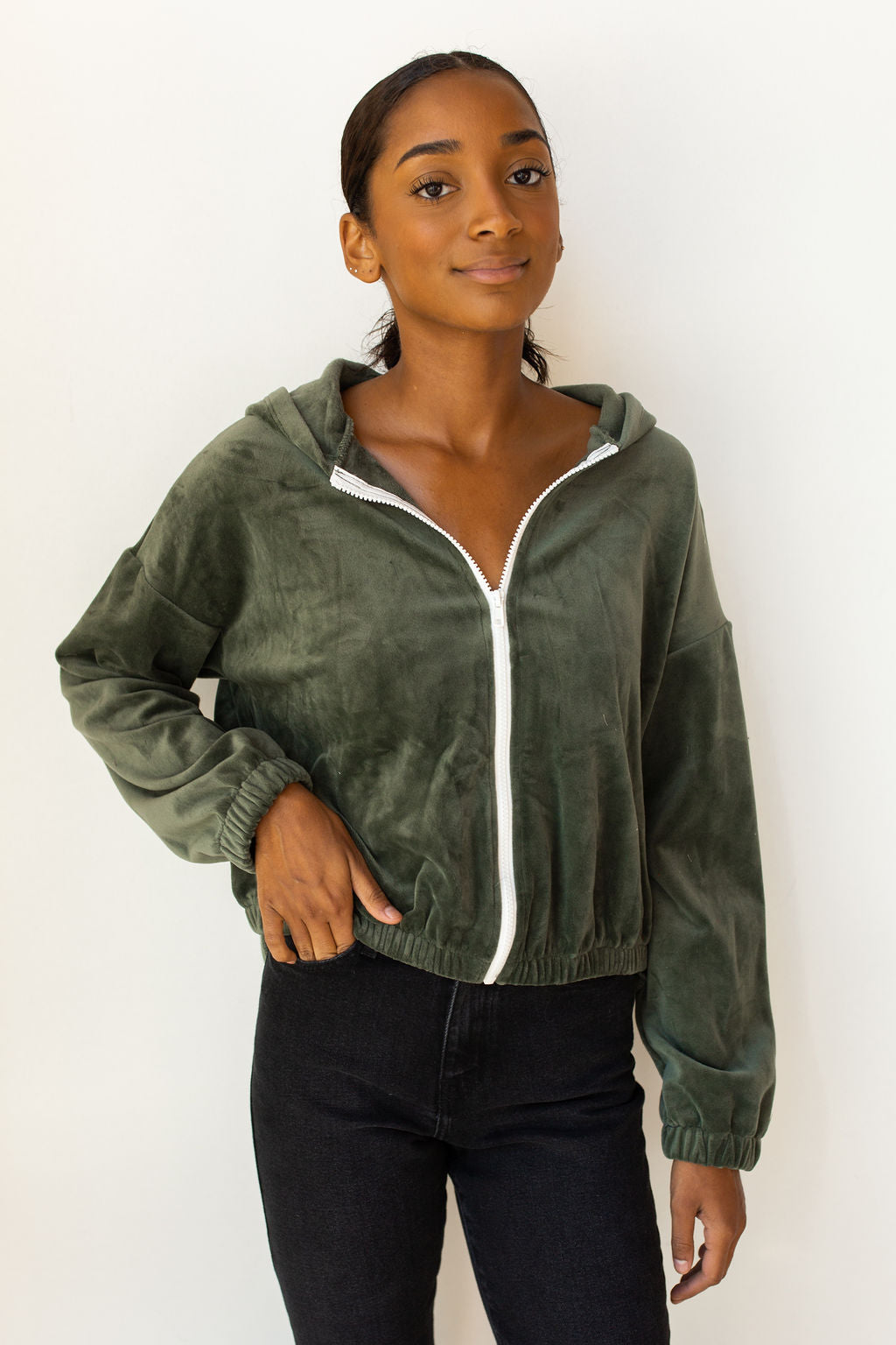 mode, velour puff zip up hoodie