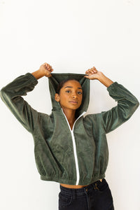 mode, velour puff zip up hoodie