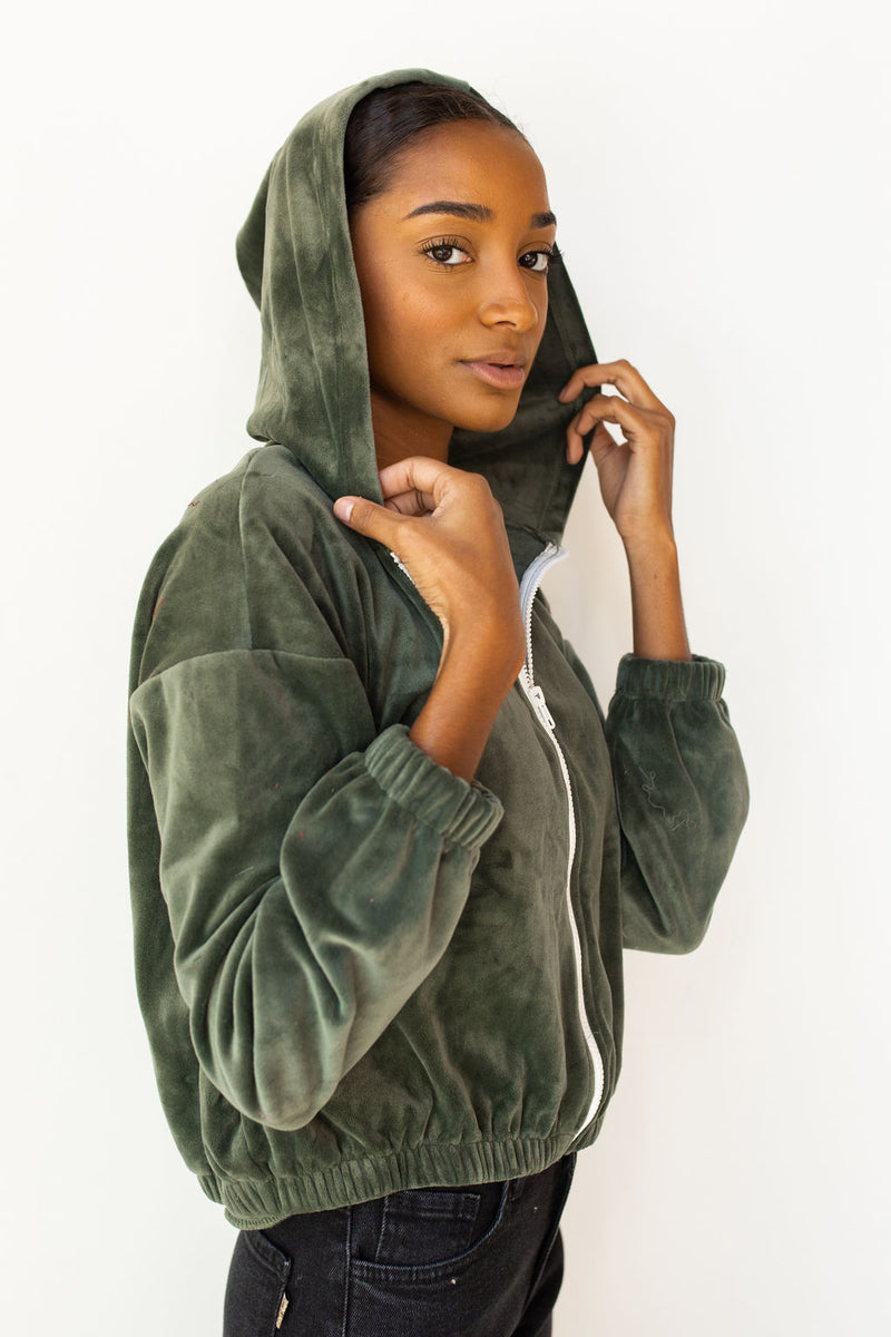 mode, velour puff zip up hoodie