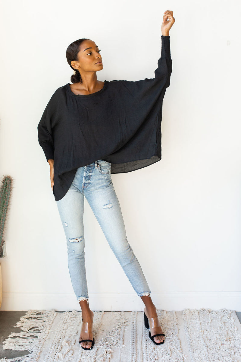 mode, smocked sleeve blouse