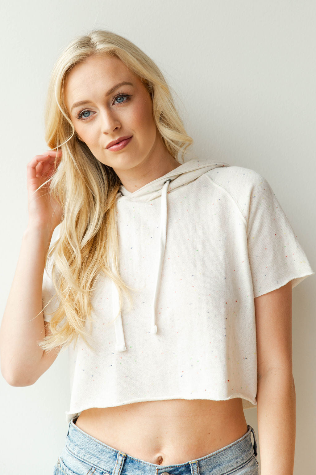mode, speckled crop hoodie