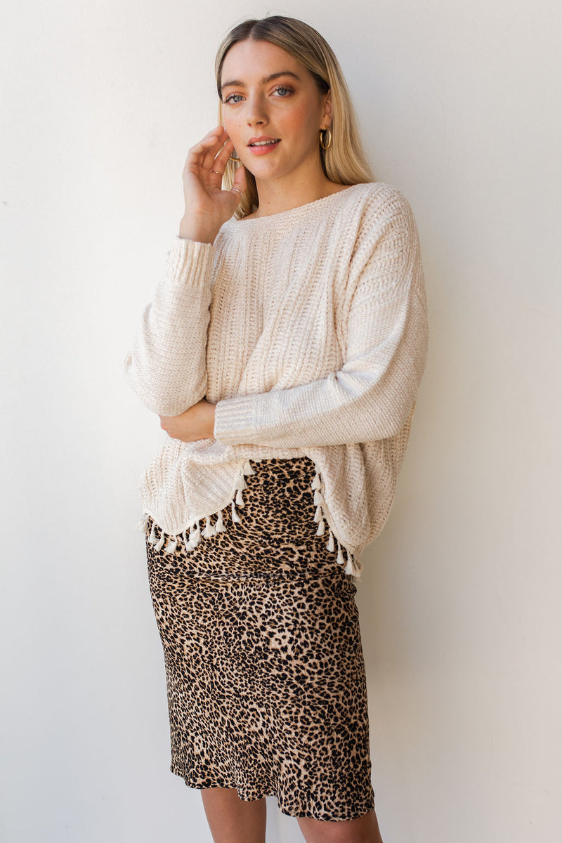 mode, tassel + scallop trim sweater