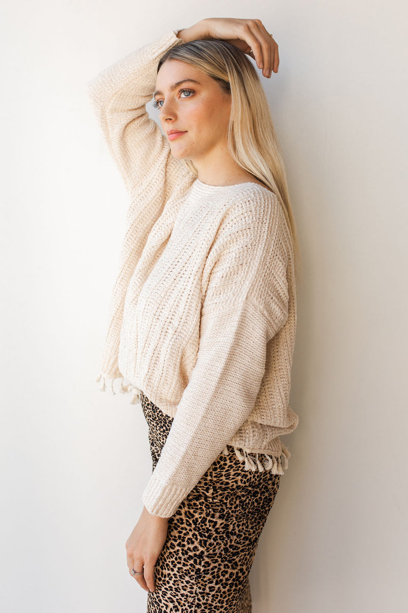 mode, tassel + scallop trim sweater