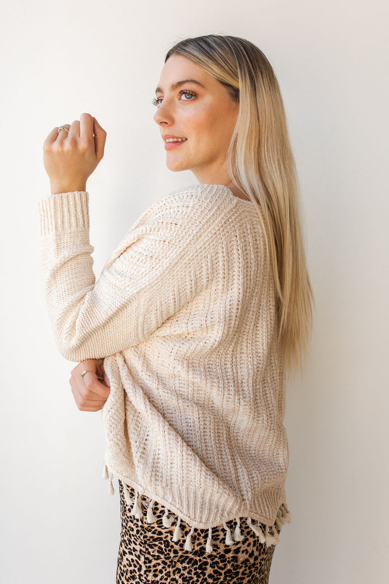 mode, tassel + scallop trim sweater