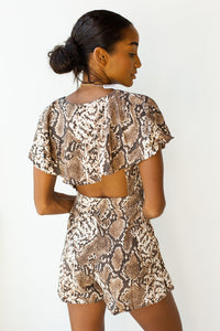 mode, wrap v neck snake print romper