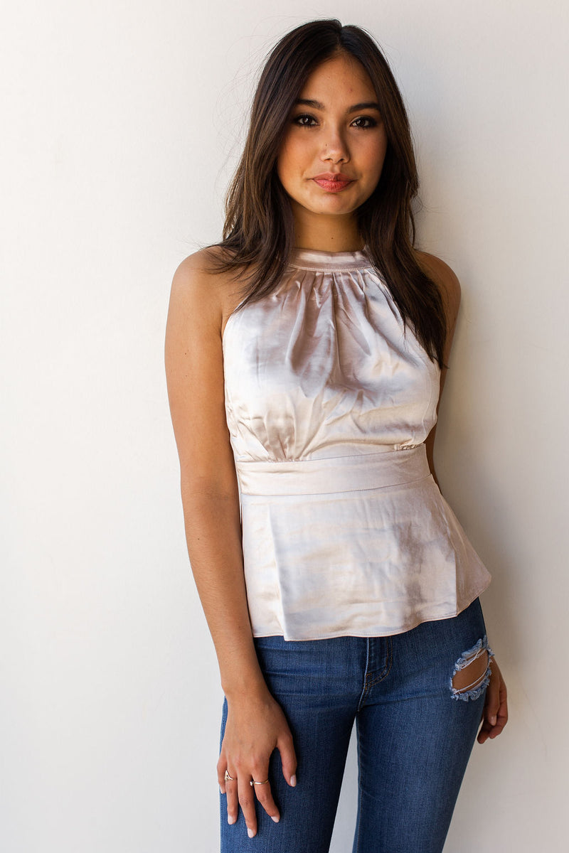 mode, upbeat satin high neck top