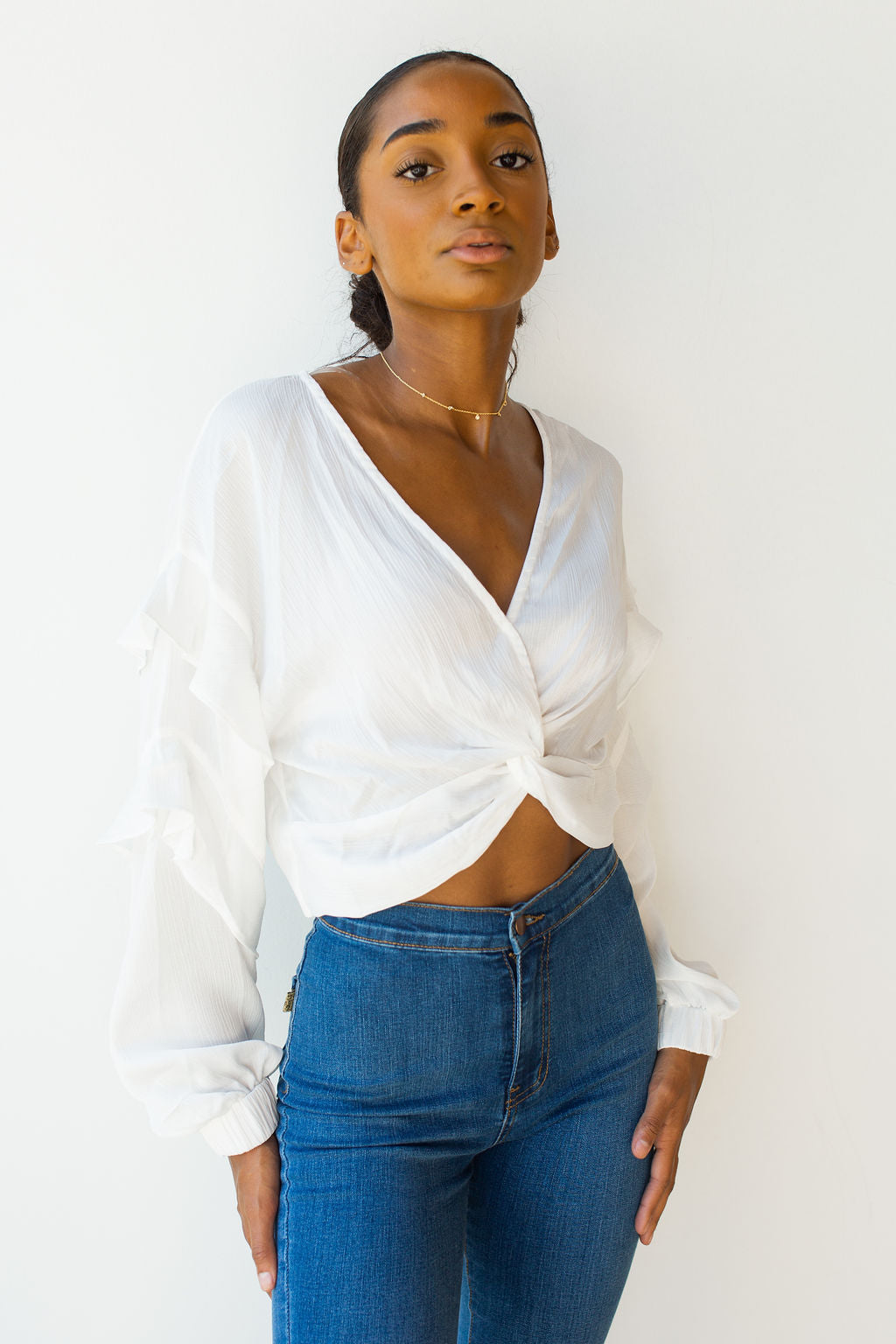 mode, front twist cropped top