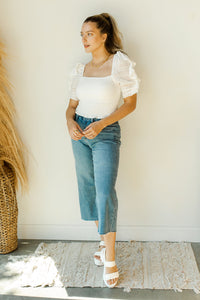 mode, smocked ruffle sleeve blouse