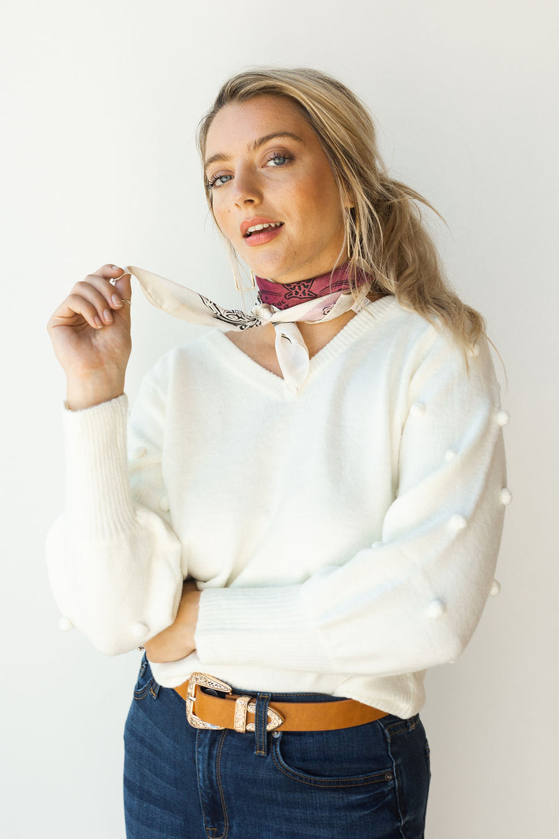 mode, pom pom knit sweater