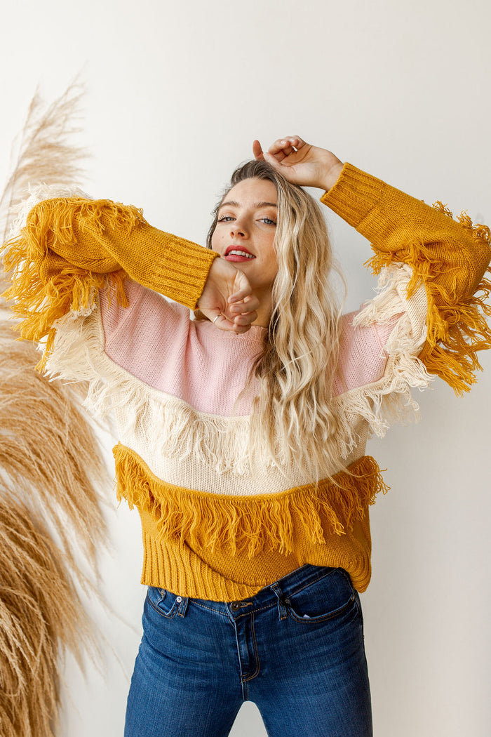 mode, frantic fringe sweater