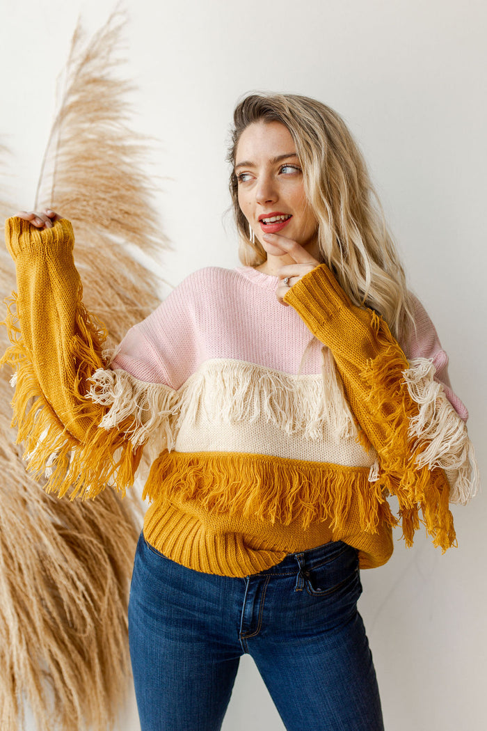 mode, frantic fringe sweater