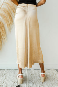 mode, satin rouched slit midi skirt