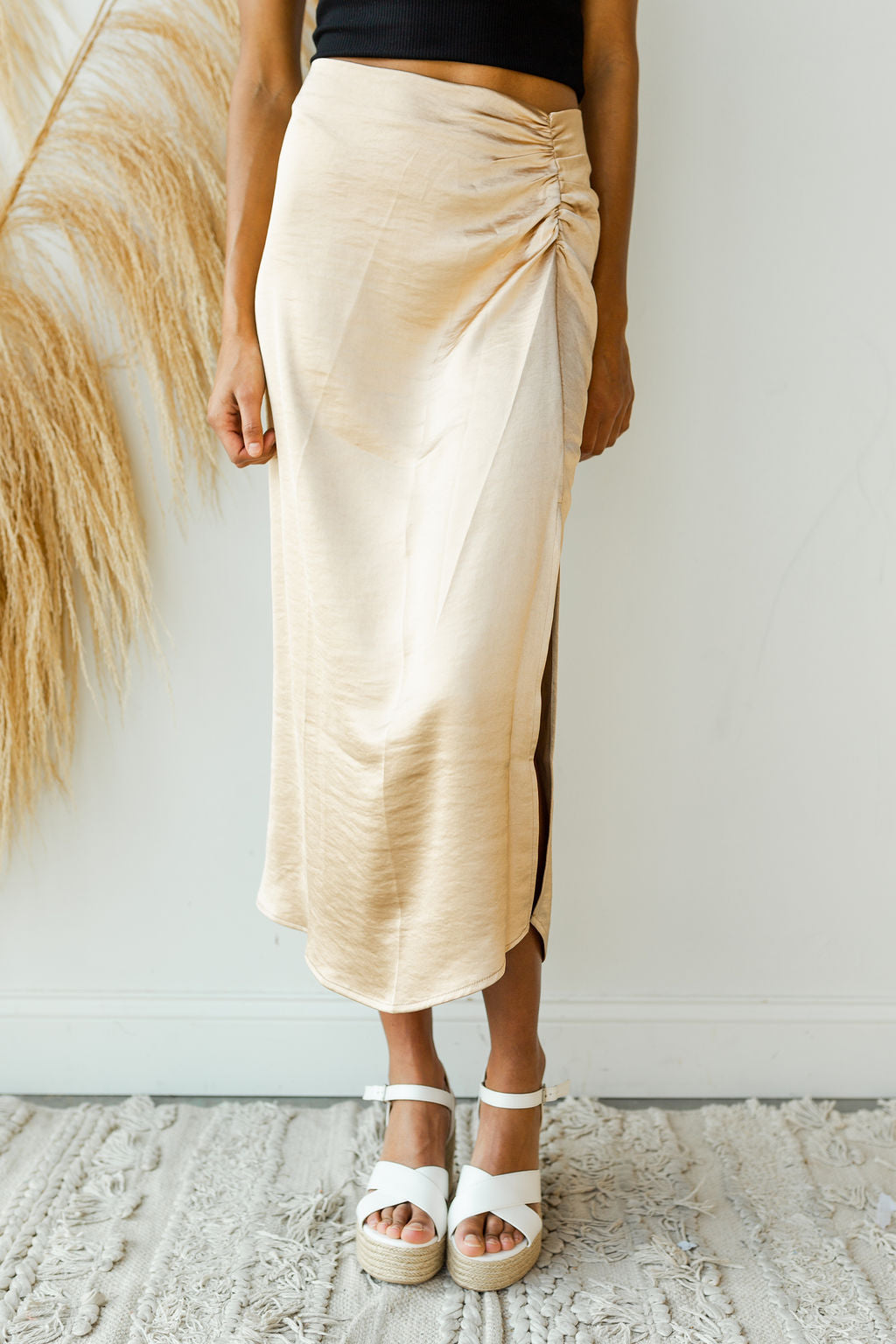 mode, satin rouched slit midi skirt