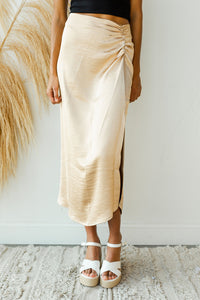 mode, satin rouched slit midi skirt