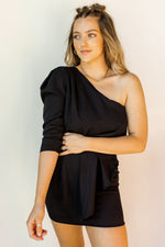 mode, one shoulder pleated dress