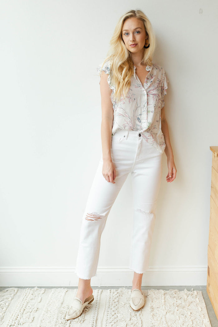 mode, flounce flutter sleeve button down
