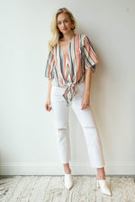 mode, yarn dye stripe tie front top